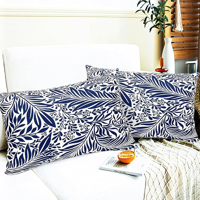 Decorative Throw Pillow Covers Set of 2 Blue Pillow Covers 12x20 inch Throw Pillow Cases Soft Short Plush Farmhouse Floral Outdoor Pillow Covers for Couch Sofa Bed Living Room Cushion Cover