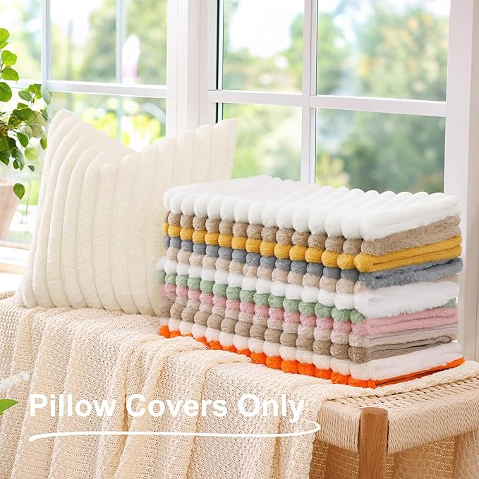 decorUhome Fall Faux Fur Throw Pillow Covers 18x18 Set of 2, Decorative Soft Plush Striped Neutral Couch Euro Pillow Covers with Velvet Back for Sofa, Bed, Living Room Home Decor, Light Khaki Brown