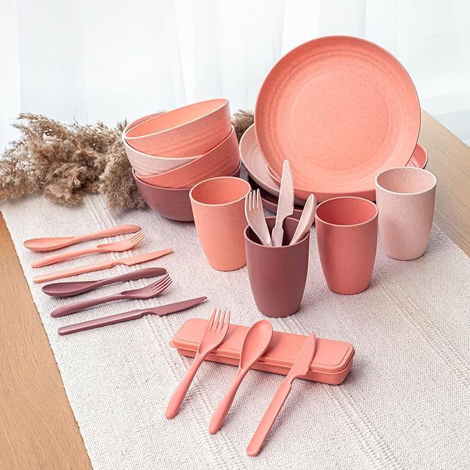 FOODLE Wheat Straw Dinnerware Set - BPA Free & Safety Tested - Unbreakable, Microwave & Dishwasher Safe Dishes - Toddler & Kids Plates and Bowls Sets - College Dorm Room Essentials for Girls - For 4