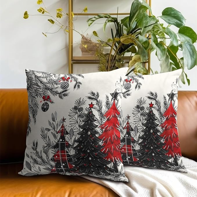 Christmas Tree Throw Pillow Covers 18x18 Set of 2, Buffalo Plaid Xmas Trees Bells Winter Holiday Decorative Pillow Cases Cotton Cushion Cover for Bed Sofa Couch Chair Home Car