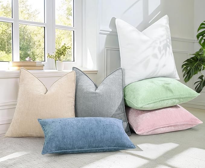 decorUhome Couch Throw Pillow Covers 20x20 Set of 2, Decorative Soft Euro Neutral Chenille Pillow Covers with Elegant Design for Sofa Bed Living Room Home Decor, Blue