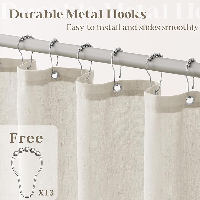Extra Long Linen Shower Curtain 96 Length Natural Beige Tan Taupe Shower Curtain 96 Inch Country Boho Farmhouse Drapes for Bathroom Flax Cloth Drapes with Hooks, Greyish Beige, 72x96