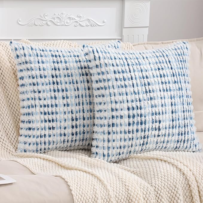 LUOYEHK Boho Throw Pillow Covers 18x18 Inch Set of 2 Chenille Tufted Pillowcase Farmhouse Neutral Cushion Covers for Couch Sofa Bed Living Room, Blue White