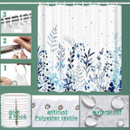 Shower Curtain, Fabric Shower Curtain Botanical Shower Curtain Blue, Hooks Hotel Shower Curtains for Bathroom with 12 Hooks Waterproof Shower Curtain Liner (72" x 72")