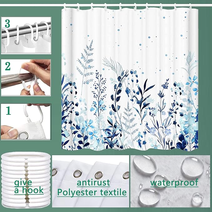 Shower Curtain, Fabric Shower Curtain Botanical Shower Curtain Blue, Hooks Hotel Shower Curtains for Bathroom with 12 Hooks Waterproof Shower Curtain Liner (72" x 72")