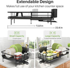 SNTD Dish Drying Rack, Expandable Dish Rack for Kitchen Counter, Metal Dish Drainer with Utensil & Cup Holder 13.8"-22.6" L x 12.1" W (Black)