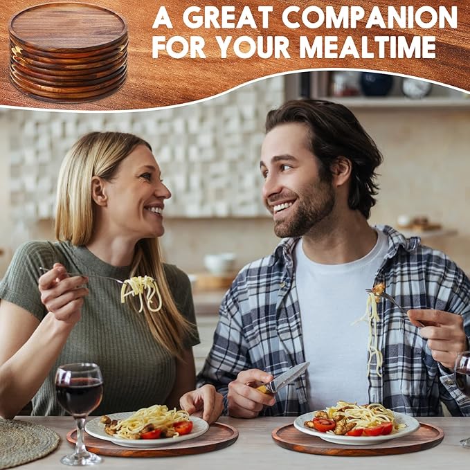 Rtteri 10 Pieces Acacia Round Wood Plates 12 x 0.6 Inch Dinner Plates Wooden Charger Platter Bulk Easy Cleaning Lightweight Serving Tray for Dishes Snack Dessert