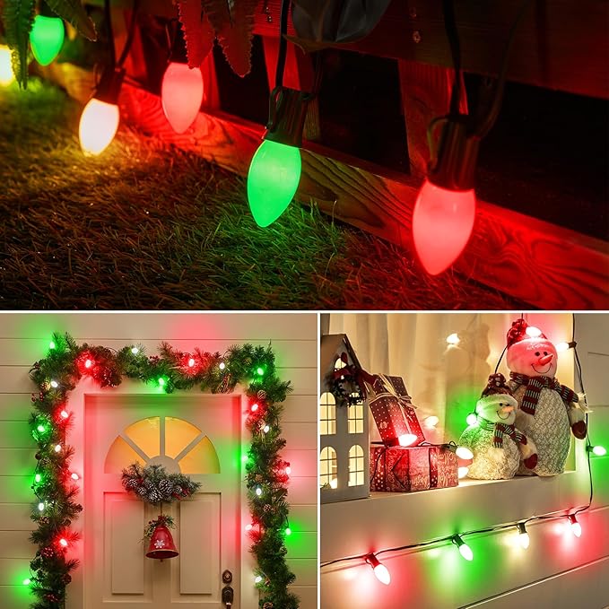 Minetom Outdoor Christmas Lights, 50 FT Vintage Red Green and White C9 Christmas String Lights for Christma Holiday Indoor Room Roofline Backyard Garden Patio Home Decor, E17 Base, Green Wire