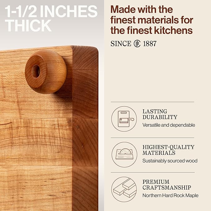 John Boos B Series Square Wooden Maple Cutting Board 12”x12” – 1.5” Thick, 6-lb Non-Reversible Butcher Block with Wood Bun Feet & Edge-Grain