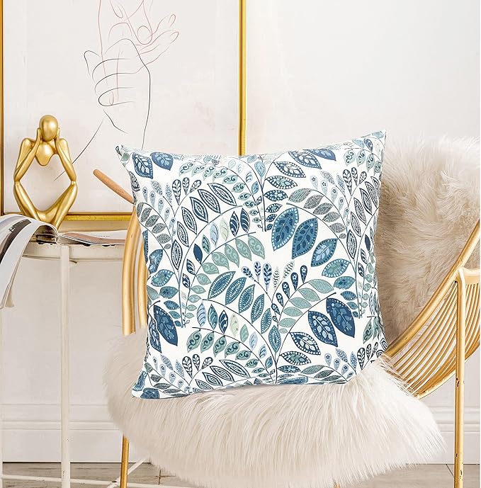 Decorative Throw Pillow Covers Set of 2 Blue Green Small Leaves Pillow Covers 18x18 inch Soft Short Plush Square Floral Throw Pillows,Farmhouse Outdoor Pillow Covers for Couch Living Room