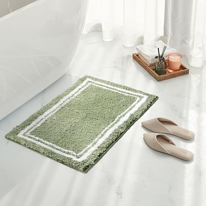 Tititex Luxury Sage Green Frame Line Bathroom Rug, 16x24 inch Extra Soft and Absorbent Microfiber Bath Rugs, Non-Slip Plush Shaggy Bath Carpet, Bath Mats for Bathroom Floor, Tub and Shower