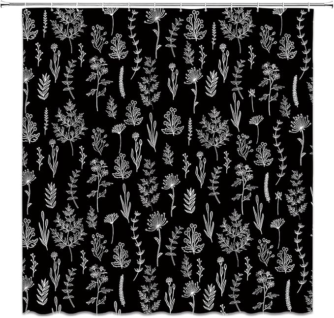 Black Floral Shower Curtain Black White Botanical Shower Curtain Boho Floral Farmhouse Cute Leaves Plant Retro Flowers Bathroom Curtain Set with Hooks(84" Wx70 H)