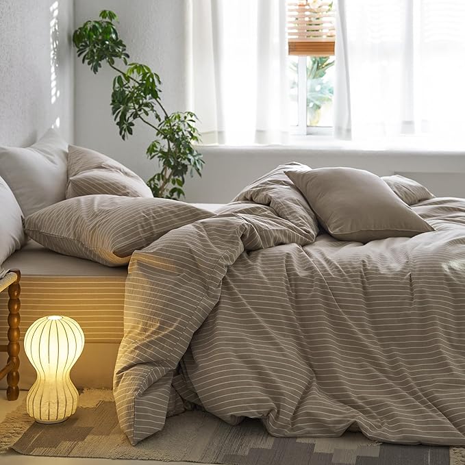 MooMee Striped Duvet Cover Set 100% Washed Cotton Linen Like Textured Breathable Durable Soft Comfy (Tannish Linen Grey White Wide Stripes, Oversized Queen 98"x98")