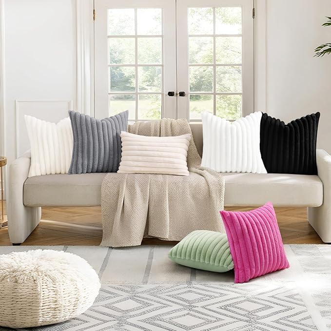 decorUhome Faux Fur Throw Pillow Covers 26x26 Set of 2, Decorative Soft Plush Striped Neutral Couch Euro Pillow Covers with Velvet Back for Sofa, Bed, Living Room Home Decor, Grey