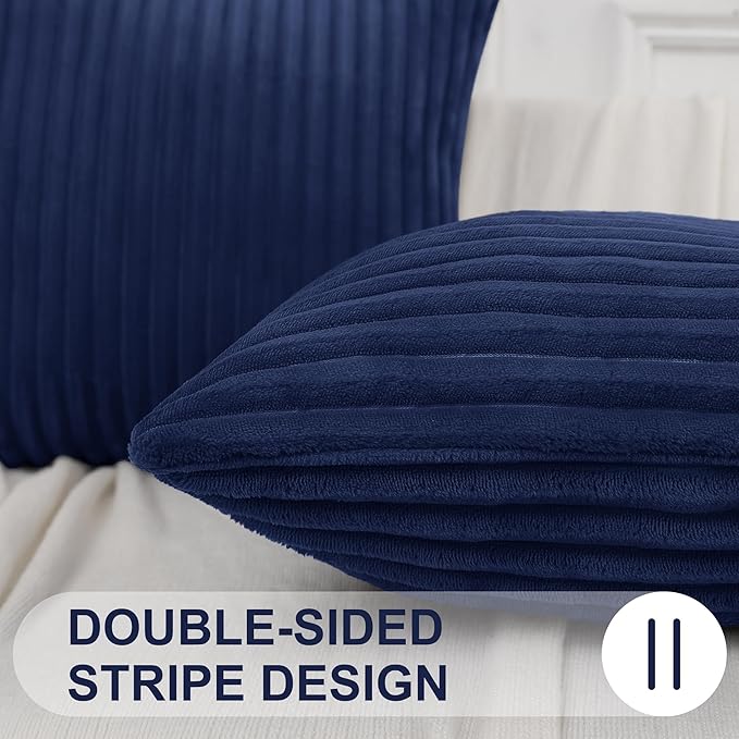 Simmore Decorative Throw Pillow Covers 12x20 Set of 2, Soft Natural Plush Flannel Double-Sided Fluffy Lumbar Pillow Covers for Couch Sofa Living Room, Navy Blue
