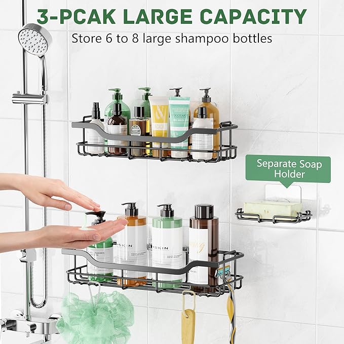 OMAIRA 3-Pack Shower Caddy with Soap Holder, Adhesive Rustproof No-drill Strudy Loading Inside Shower Organizer Shelves Rack Storage Bathroom Organization for Smooth Wall Glass Tile, Black (Large)