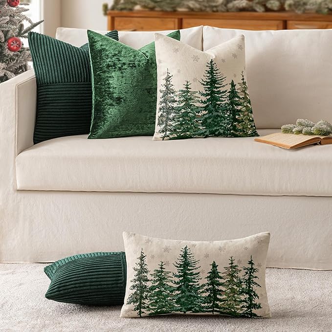 MIULEE Christmas Army Green Corduroy Pillow Covers Pack of 2 Boho Decorative Spliced Throw Pillow Covers Soft Solid Couch Pillowcases Cross Patchwork Cushion Covers for Living Room Bed Sofa 12x20 inch