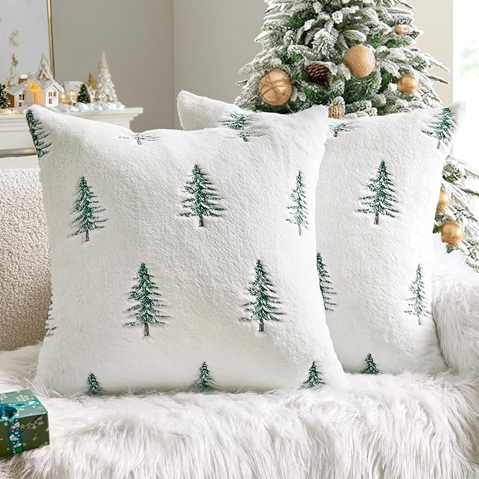MIULEE Christmas Decorative Pillow Covers Set of 2 Faux Fur Throw Pillows with Embroidered Christmas Tree 16x16 Inch White Green Winter Couch Covers for Festival Sofa Bedroom Living Room Home Decor