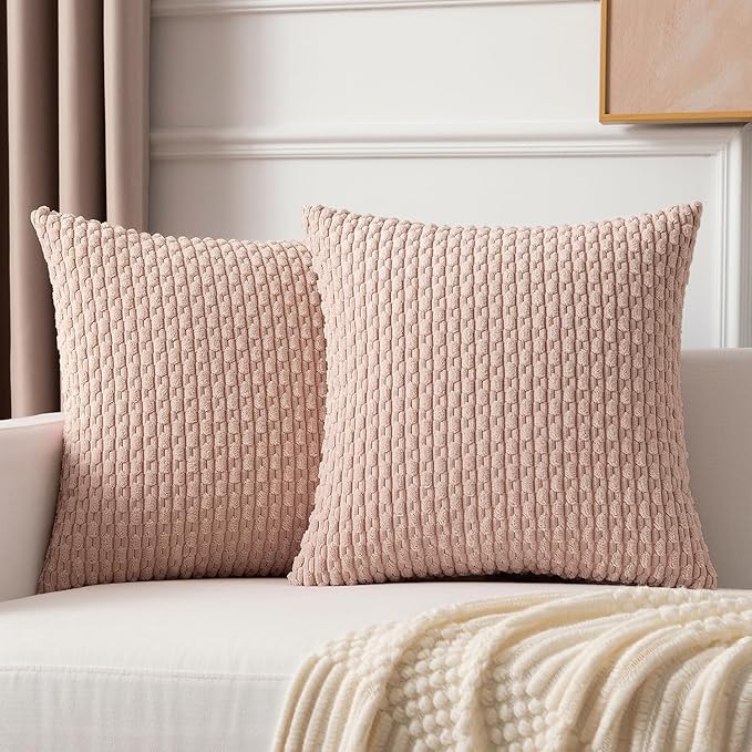 Kevin Textile Pack of 2 Corduroy Decorative Throw Pillow Covers 20x20 Inch Soft Boho Striped Pillow Covers Modern Home Decor for Spring Sofa Living Room Couch Bed Light Pink