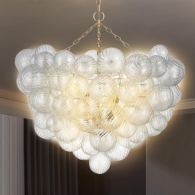 Mid Century Bubble Ball Chandeliers Dia 36 Inch Decorative Lights Swirled Ribbed Glass Clear Blown Glass Globe Chandelier Large Pendant Light Fixture for Bedroom Dining Room Over Table