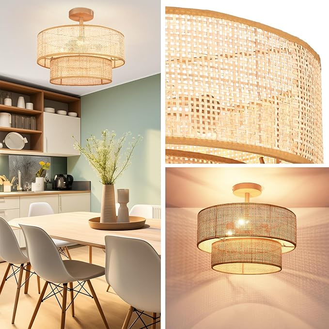 Hamilyeah Boho Ceiling Light Fixture Flush Mount Double Layer, 16 Inch Light Fixture Ceiling Mount with Wicker Shade, Woven Rattan Lights Ceiling for Living Room, Bedroom, Kitchen