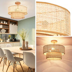 Hamilyeah Boho Ceiling Light Fixture Flush Mount Double Layer, 16 Inch Light Fixture Ceiling Mount with Wicker Shade, Woven Rattan Lights Ceiling for Living Room, Bedroom, Kitchen