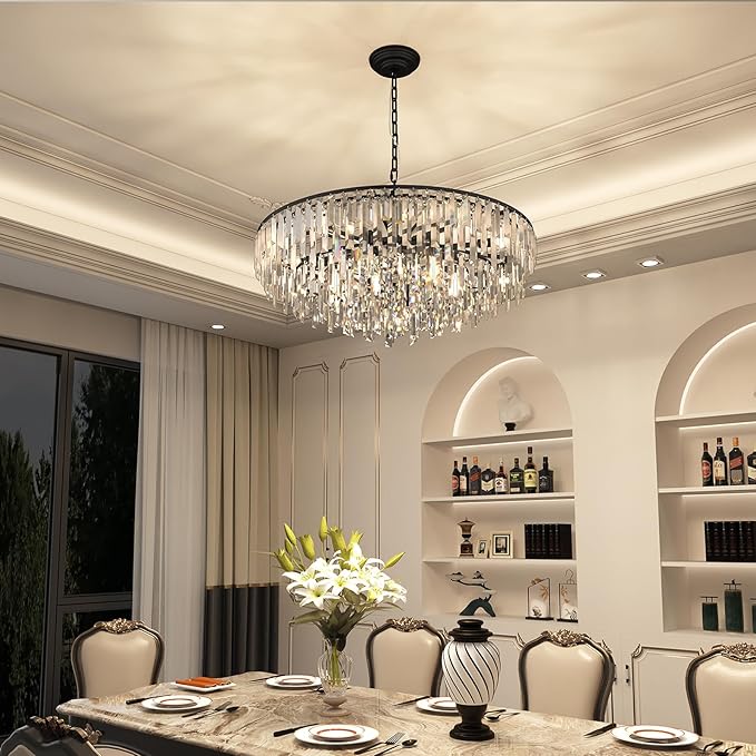 Modern Crystal Chandelier Black, 32" Round Luxury Top K9 Crystal Chandeliers 6-Tier 13 Lights Large Adjustable Height Ceiling Hanging Pendant Light Fixture for Living Room Bedroom Foyer