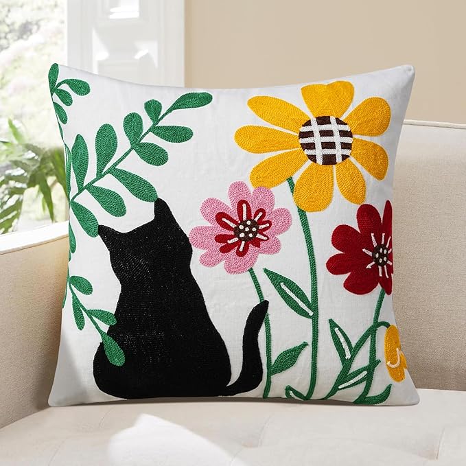 Adabana Neutral Decorative Floral Pillow Covers 18x18 Inch Boho Embroidered Throw Pillow Cover Square Farmhouse Couch Cushion Cases for Bed Sofa Bedrrom Living Room Decor,Black Cat