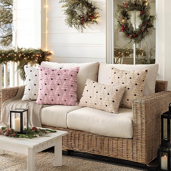 MIULEE Christmas Tree Decorative Pillow Covers Faux Fur Wool Throw Pillows Soft Plush Cushion Covers Set of 2 Xmas Home Decor Winter Holiday for Sofa Couch Livingroom Bed 20x20 Inch Beige