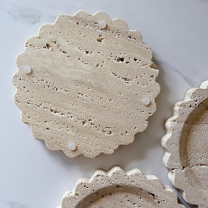 Travertine Marble Tray Round Scalloped Tray Small Serving Platter for Counter, Bathroom, Kitchen, Nightstand, Jewelry Ring Dish Holder (Beige Travertine)