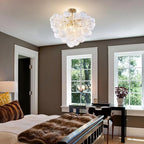 Semi Flush Mount Bubble Ball Chandelier 24" Clear Swirled Ribbed Blown Glass Globe Gold Chandeliers Ceiling Light Fixture for Dining Living Room Bathtub Bathroom