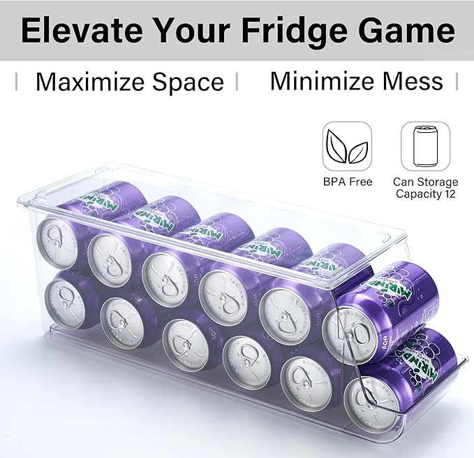 Prsildan Large Soda Can Organizer with Lid, Rolling Soda Can Dispenser for Refrigerator, Clear Acrylic Drink Dispenser for Fridge Organizer Bins Stackable Pantry Storage - Holds 12 Cans Each