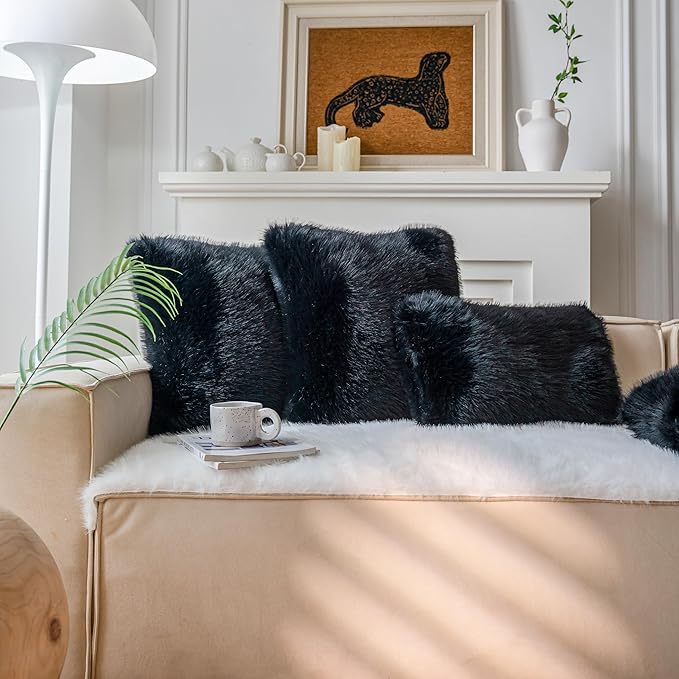 Neelvin Black Faux Fur Cozy Fluffy Double-Sided Decorative Throw Pillow Covers 20x20 inch Set of 2,Velvet Pillowcase Cushion Case for Sofa Couch