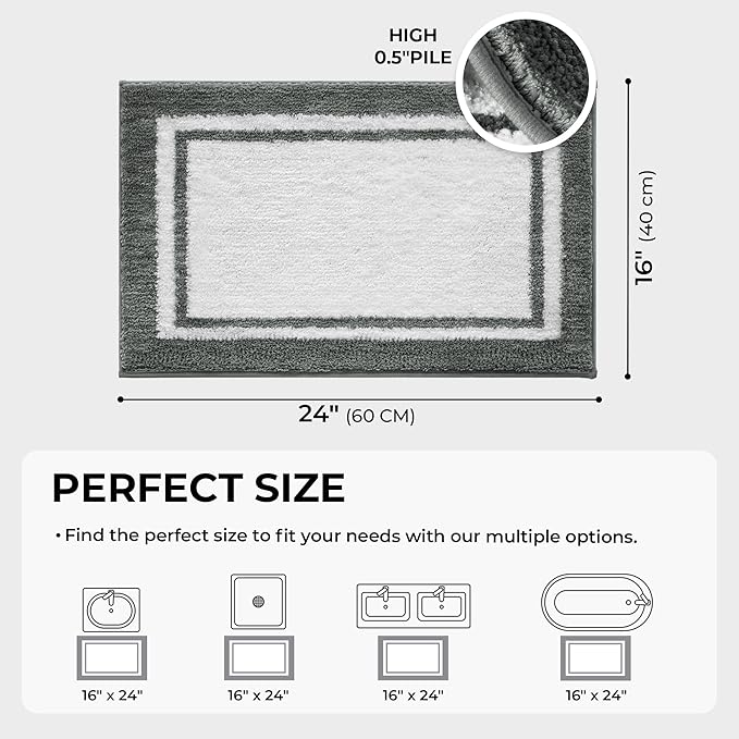 GRANNY SAYS Microfiber Bathroom Rugs Non Slip Washable, Water Absorbent Bath Mats for Tub, Soft Bath Mats for Bathroom Floor & Shower, Bath Rug, 16" x 24", Deep Grey Bath Rugs