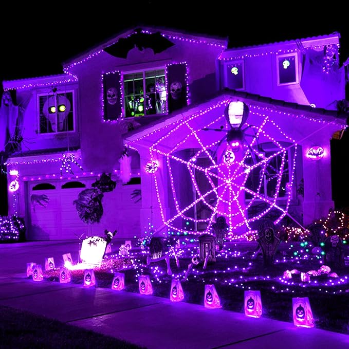 JMEXSUSS 4 Pack Purple Solar String Lights Outdoor Waterproof, 100 LED 33ft Purple Solar Fairy Lights, 8 Modes Copper Wire Christmas Light for Halloween Christmas Garden Yard Tree Decor
