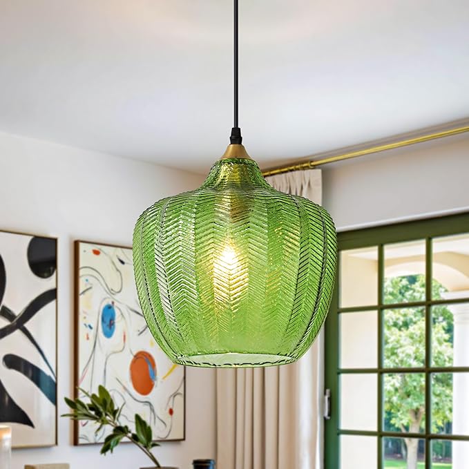 Modern Gold Pendant Light, Green Glass Farmhouse Kitchen Island Pendant Light Fixture Adjustable Vintage Hanging Ceiling Light for Dining Room Corridor Bedroom 9.45 inch