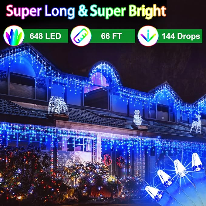 648 LED 66FT Christmas Lights 144 Drops, Outdoor Hanging lights with 8 Modes & Timer, Plug in Curtain String Lights Outdoor Waterproof for Holiday Wedding Party Home Garden Tree Outside Decor (Blue)