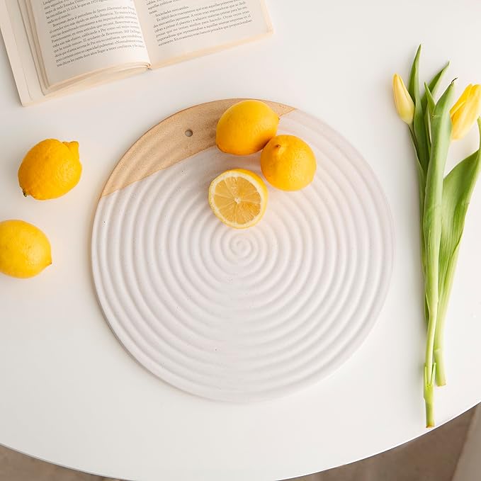 Premium Ceramic Serving Platter, White - 12” Round - Dishwasher Safe, Oven Safe Appetizer Tray for Entertaining - Large Charcuterie Cheese Board Serving Dish Gift - Pizza Stone