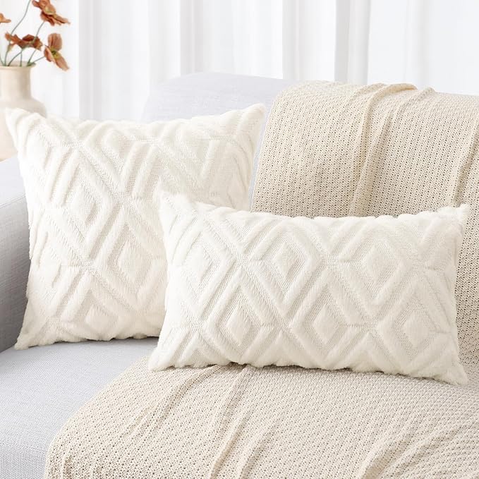 decorUhome Christmas Couch Throw Pillow Covers 16x16 Set of 2, Decorative Soft Plush Faux Wool Neutral Accent Pillow Covers for Bed Sofa Living Room, Cream White