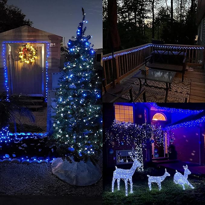 QITONG Blue Solar Fairy Lights, 4 Pack Each 33ft 100 LED String Lights Outdoor Waterproof, 8 Modes Silver Wire Twinkle Mini Lights