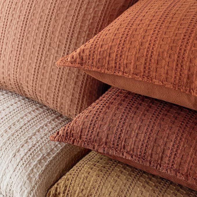 Foindtower Set of 2 Decorative Cotton Waffle Weave Throw Pillow Cover Euro Shams Cushion Covers Accent European Pillowcase For Bed Couch Sofa Bedroom Living Room Home Decor 20×20 Inch Fall Rust Orange