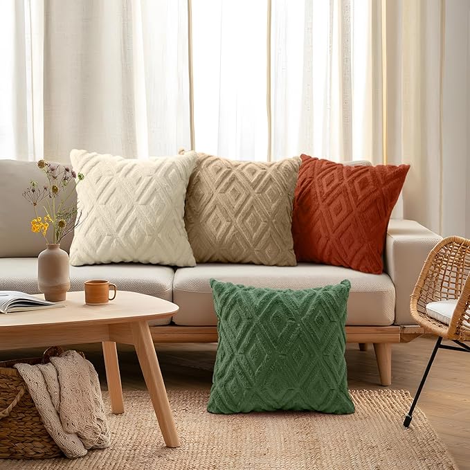 decorUhome Pack of 4 Faux Fur Throw Pillow Covers 20x20, Soft Decorative Couch Pillow Covers with Velvet Back for Modern Sofa Living Room, Khaki/Rust