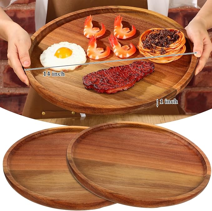 Rtteri 10 Pieces Acacia Round Wood Plates 14 x 1 Inch Dinner Plates Wooden Charger Platter Bulk Easy Cleaning Lightweight Serving Tray for Dishes Snack Dessert
