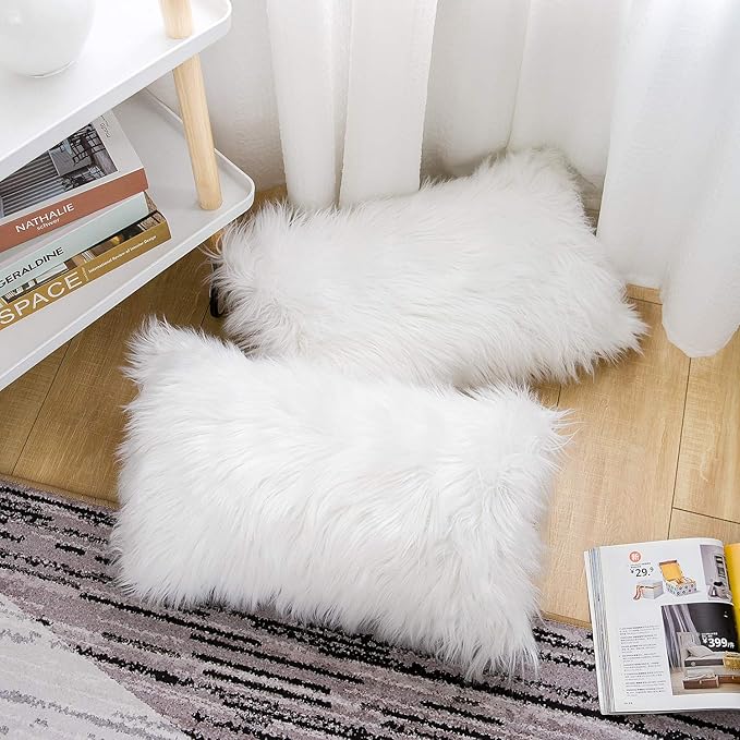 WLNUI Set of 2 White Christmas Decorative Lumbar Fluffy Pillow Covers New Luxury Series Merino Style Faux Fur Throw Pillow Covers Fuzzy Cushion Case for Sofa Bedroom Living Room Home Decor 12x20 Inch