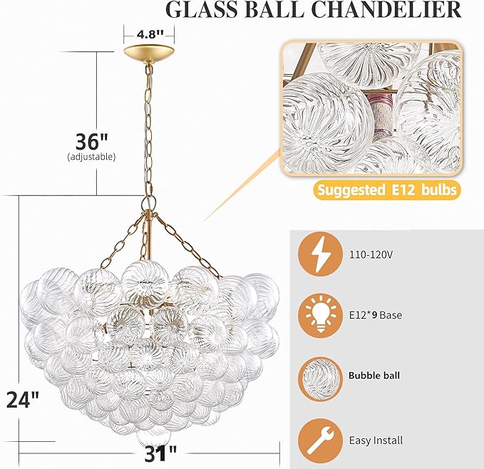 Bubble Chandeliers Lighting Gold 31" Swirled Clear Ribbed Blown Glass Globe Art Deco 9-Light Cluster Ball Pendant Lights Fixture for Living Room, Bedroom, Kitchen Island