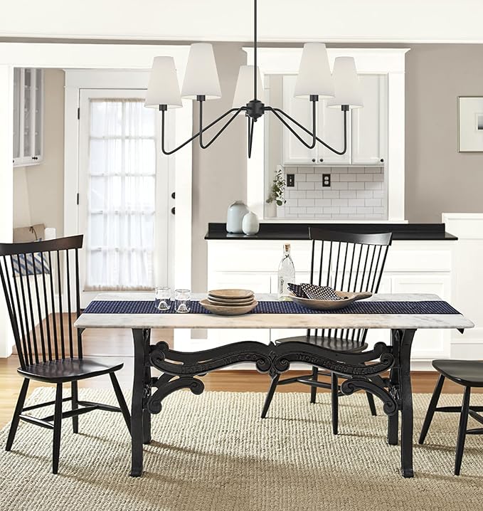 Electro bp;30" Dia 5-Arm Classic Chandeliers Matt Black with White Linen Shades,Light Fixture for Dining Room,Living Room,Bedroom,E12,200W
