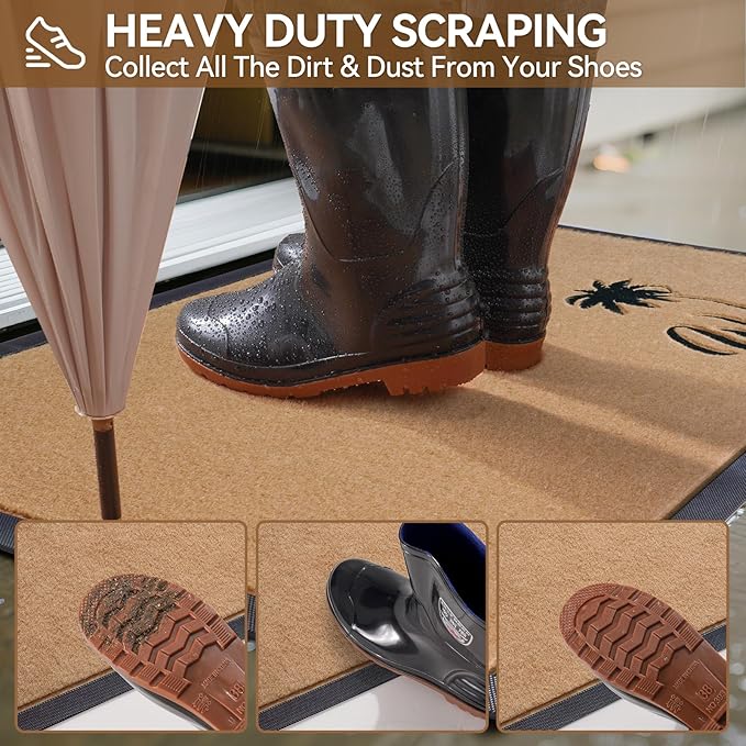 Dirt Trapping Outdoor Welcome Mats, 24x35 Durable Non-Slip Door Mat Outside Entrance, Low Profile Easy Clean Doormat for Patio Porch Front Indoor Entryway, Brown
