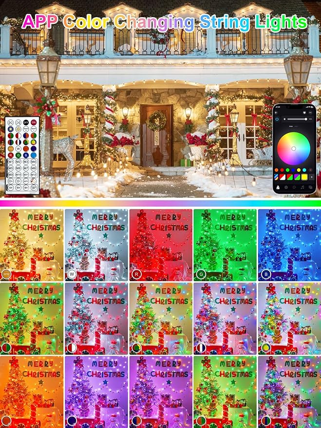 Smart LED Halloween String Lights with Remote & App 198FT 600LED, Waterproof RGB Dimmable Clear Wire Christmas Lights, Color Changing Christmas Tree Light Outdoor Indoor with Timer for Halloween Decor