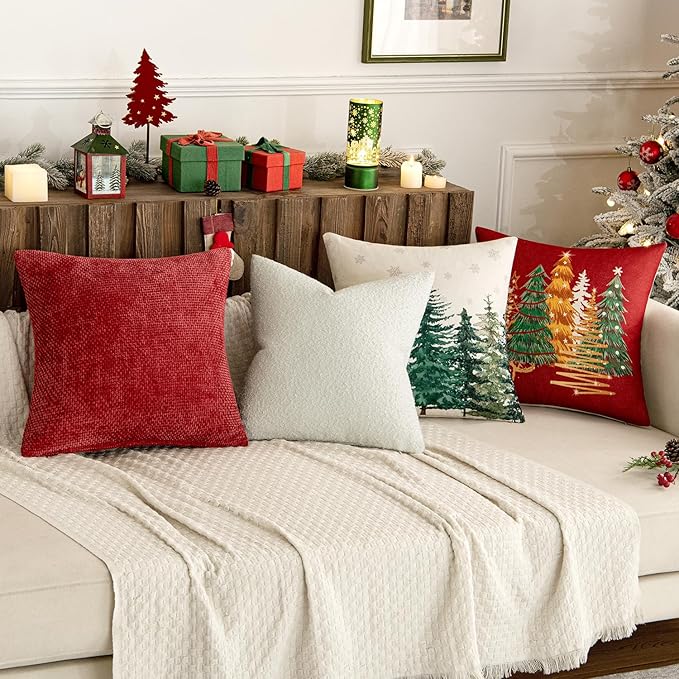 MIULEE 12x20 Inch Christmas Decorative Lumbar Throw Pillows for Bed Set of 2 Textured Boucle Neutral Winter Throw Pillow Covers Red Accent Solid Pillowcases Sofa Livingroom Home Decor