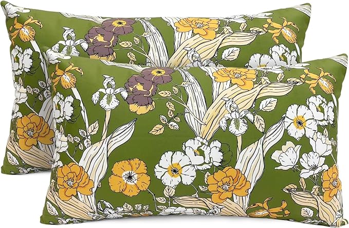 Decorative Throw Pillow Covers Set of 2 Green Pillow Covers 12x20 inch Soft Short Plush Square Freesia Floral Throw Pillows,Farmhouse Outdoor Pillow Covers for Couch Sofa Bed Living Room